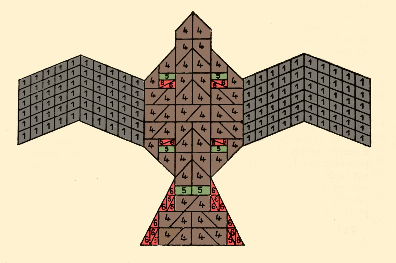 Geometri av Sulbasutras: plan av brannalteret i form av en falk. Matematisk skjema som refererer til reglene for konstruksjon av offeraltere fra den vediske perioden i India (1500-500 f.Kr.). Journal of the Asiatic Society of Bengal av av Unknown artist