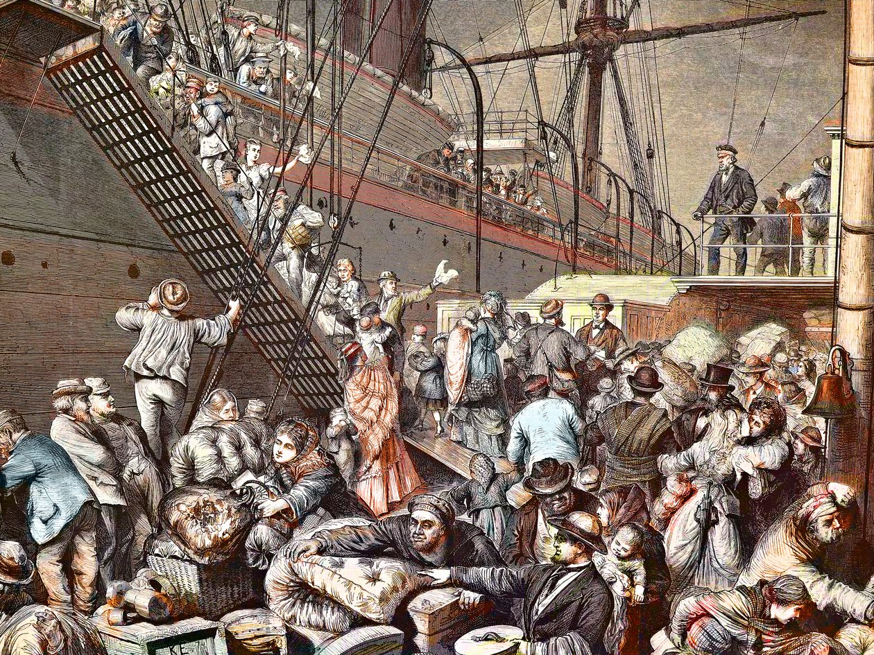 Tyske emigranter for New York tok fatt på Hamburg-damperen i 1874, gravering - (Deutsche Emigranten) av Unknown artist