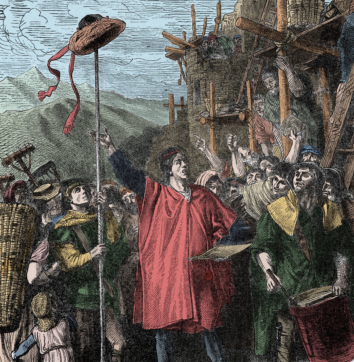Geslers hatt - Fogd Hermann Gessler reiser en stolpe i Altdorf og henger hatten på den, og tvinger innbyggerne til å bøye seg foran. Guillaume Tell av Unknown artist