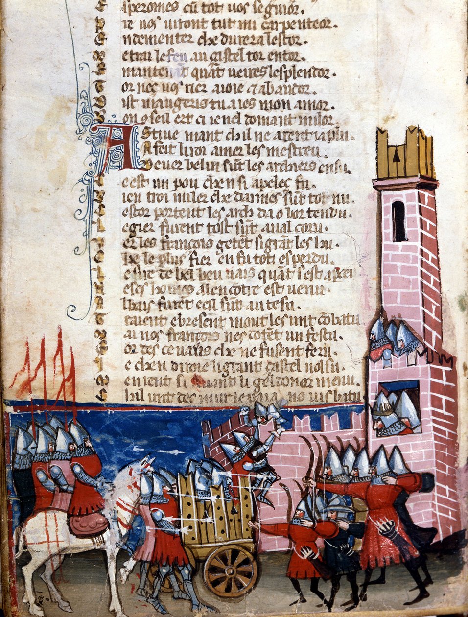Gestures sang: kampscene nær en befestet by. Charlemagnes tropper (742-814) kjempet mot maurerne i Spania. Miniatyr hentet fra det fransk-italienske manuskriptet «Entreée d'Espagne», Venezia-skolen 1300-tallet, Biblioteca Marciana, Venezia. av Unknown artist