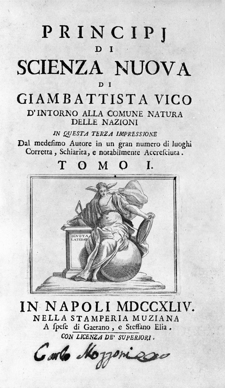 Giambattista Vico. Også kalt Giovanni, Gian Battista, Jean Baptiste eller Jean-Baptiste. Frontispice av "" The New Science "" av Unknown artist