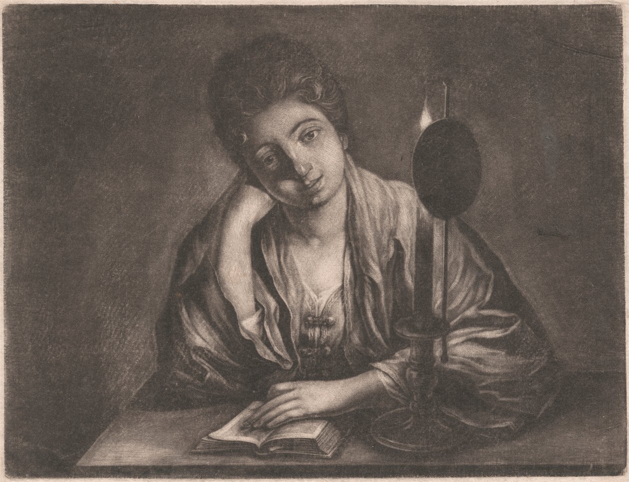 Jente leser med stearinlys av Unknown artist