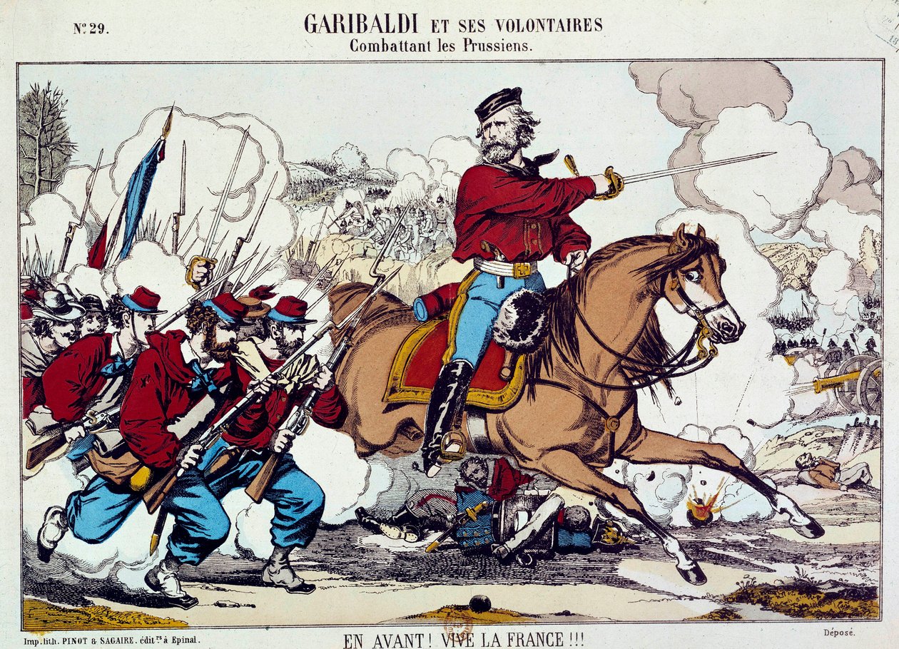 Giuseppe Garibaldi (1807-1882) kjempet med sine frivillige mot prøysserne. «Frem, lenge leve Frankrike» Rundt 1871. Gravering B.N. Paris av Unknown artist