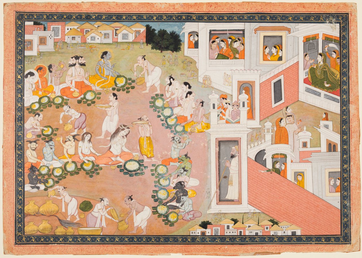 Guder, Rishier og demoner på festen for Ramas fødsel, fra en Ramayana av Unknown artist