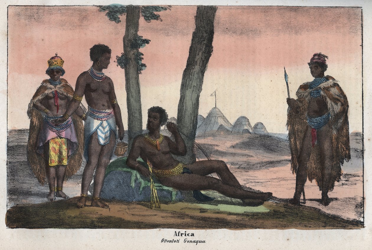 Gonqui Hottentots of the Cape - gravering fra "" skikker og tradisjoner til alle folkeslag i universet. Det vil si historien om regjeringen, lovene, militsen, om religionen til alle nasjoner fra de fjerneste tider til i dag "1856 av Unknown artist