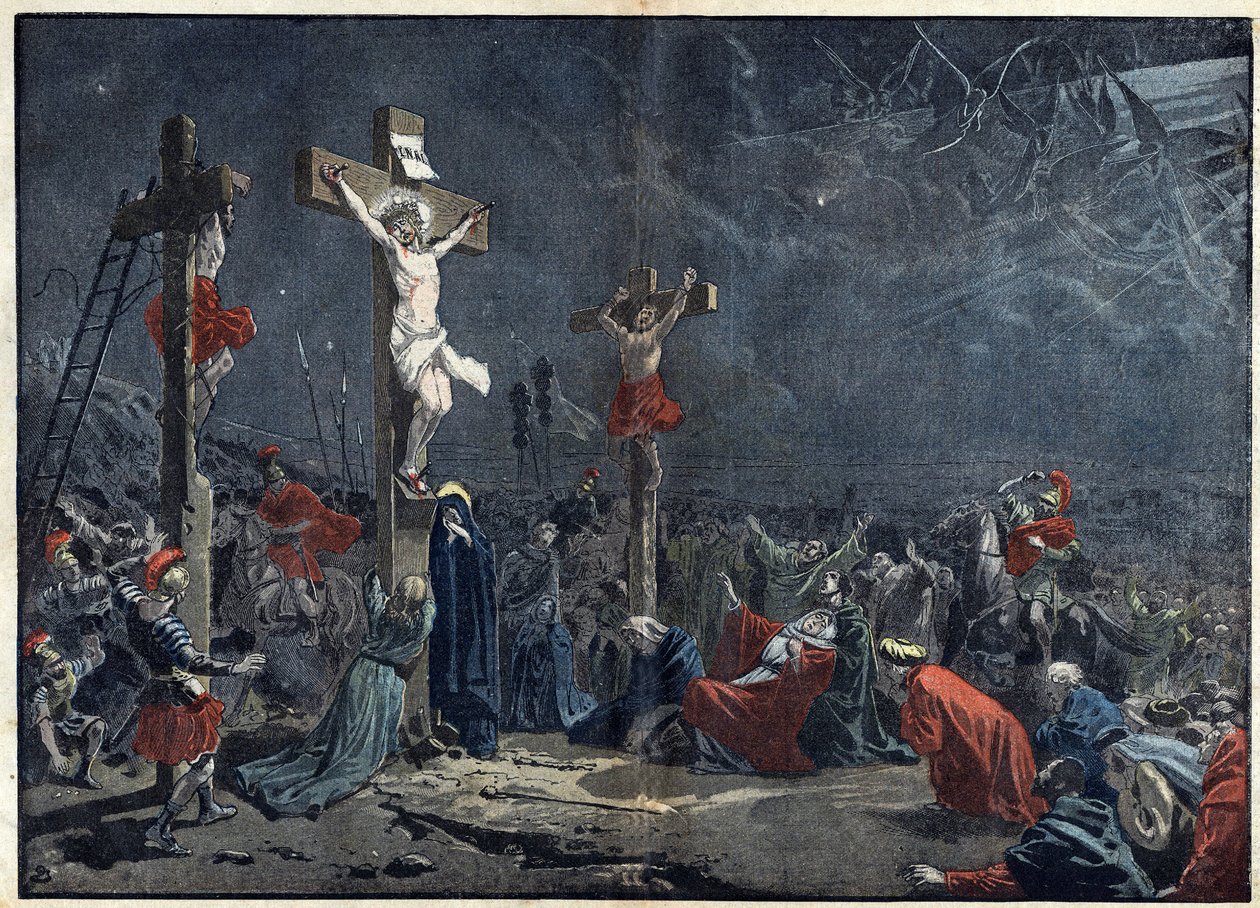 Langfredag: Jesu Kristi korsfestelse (Jesus Kristus). Illustrasjon i "" le Pelerin"" av 3. april av Unknown artist