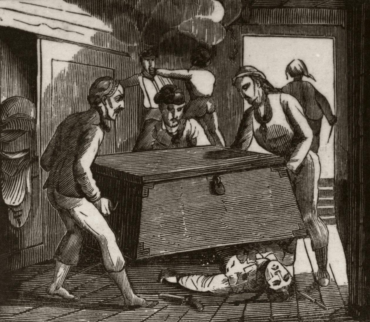 'Gordon og hans ledsagere presser den franske kapteinen i hjel med et stort bryst', ca. 1836 av Unknown artist
