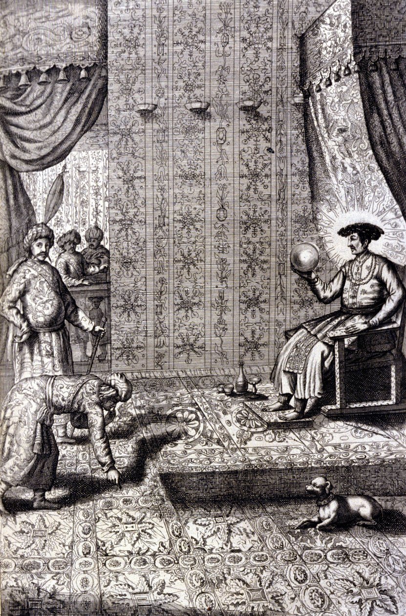 Grand Moghol (Mogol eller Moghul) (sannsynligvis Aurangzeb (1618-1707), også kjent som Alamgir): Throne Hall. "De China Monumenta" av Athanasius Kircher (1601 - 1680), jesuitt, orientalist og tysk lærd, Amsterdam 1667. av Unknown artist
