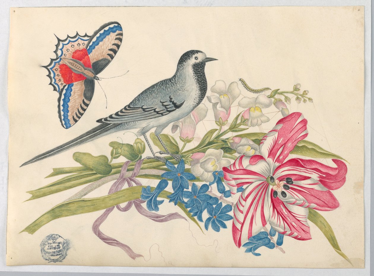 Grå fugl på gren med tulipan, løvedrager og forglemmigei med sommerfugl av Unknown artist