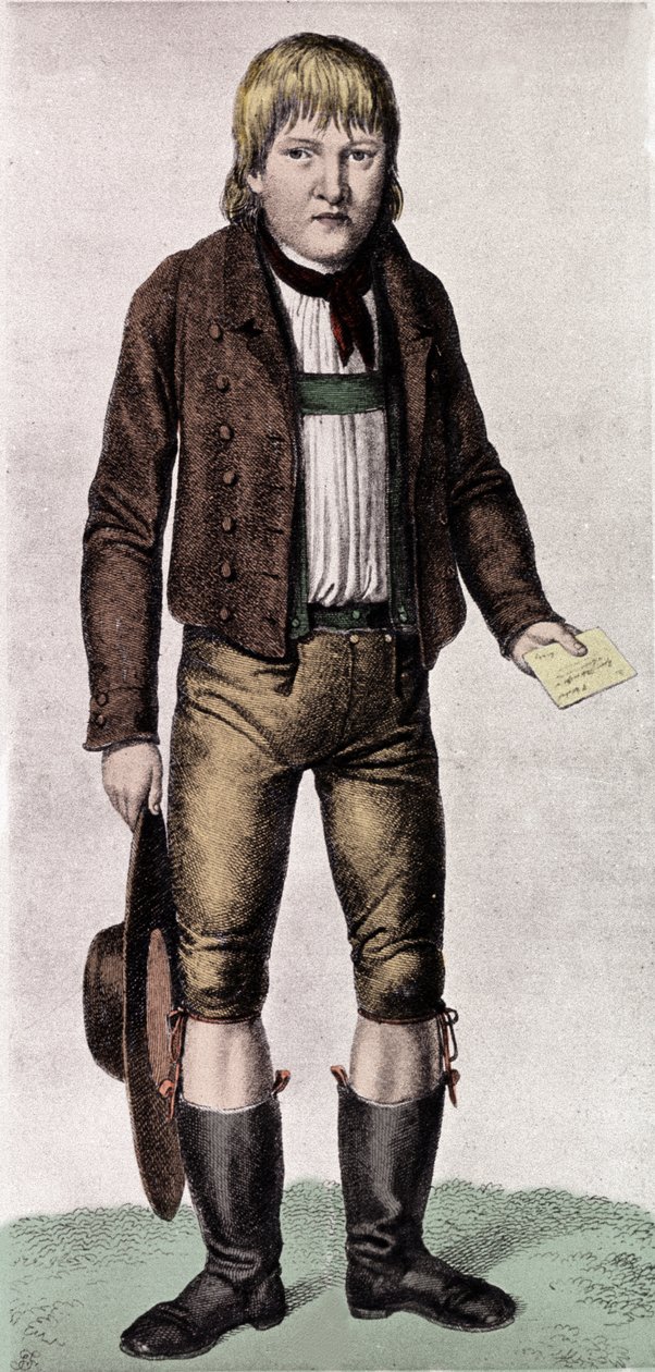 Store gåter: portrett av Gaspard (Kaspar) Hauser fikk kallenavnet Europas foreldreløse på tidspunktet for hans opptreden i Nürnberg rundt 16-årsalderen, 26.05.1828. Det ble antatt fra en berømt familie, men opprinnelsen er fortsatt mystisk. Gravering av av Unknown artist