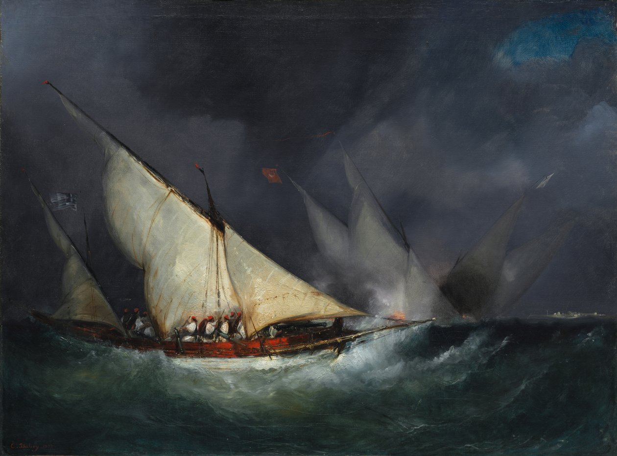 Greske pirater angriper et tyrkisk fartøy av Unknown artist