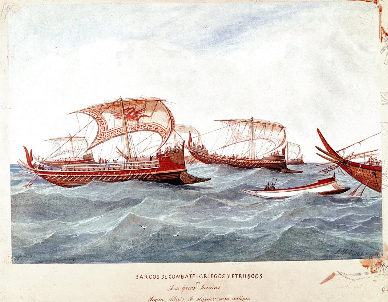 Greske og etruskiske krigsskip (Akvarell av Unknown artist