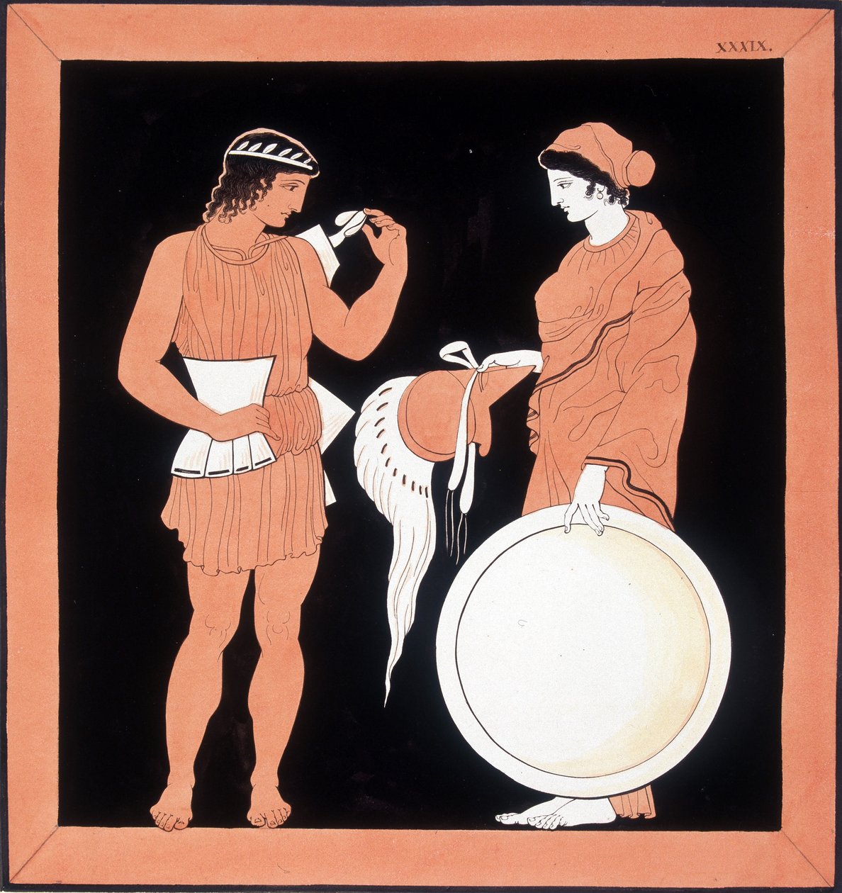 Gresk mytologi: Andromaque presenterer våpnene til mannen sin. av Unknown artist