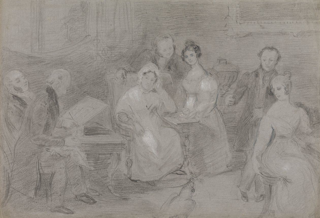 Gruppe av figurer, med en mann som maler i akvareller og en jente som gir kopper te av Unknown artist
