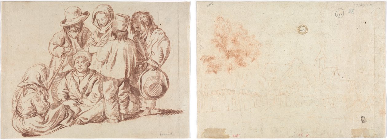 Gruppe på seks barn (recto); Skisse av en landsby (verso) av Unknown artist