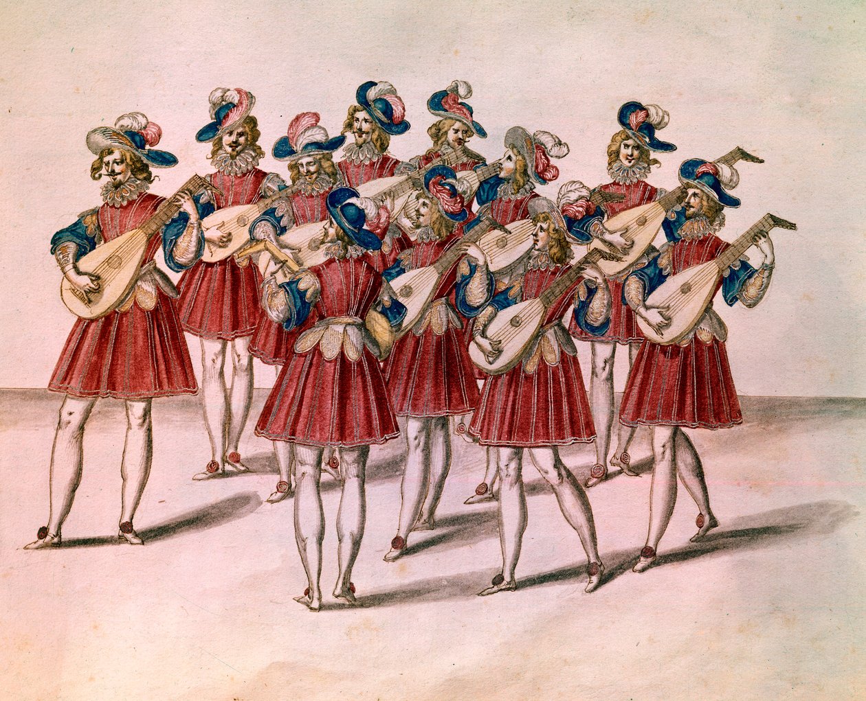 En gruppe musikere som spiller lut. Akvarell og penn av Daniel Rabel (1578-1637) fra albumet «Chateau de Bicetre» 1600-tallets Paris, Louvre-museet av Unknown artist