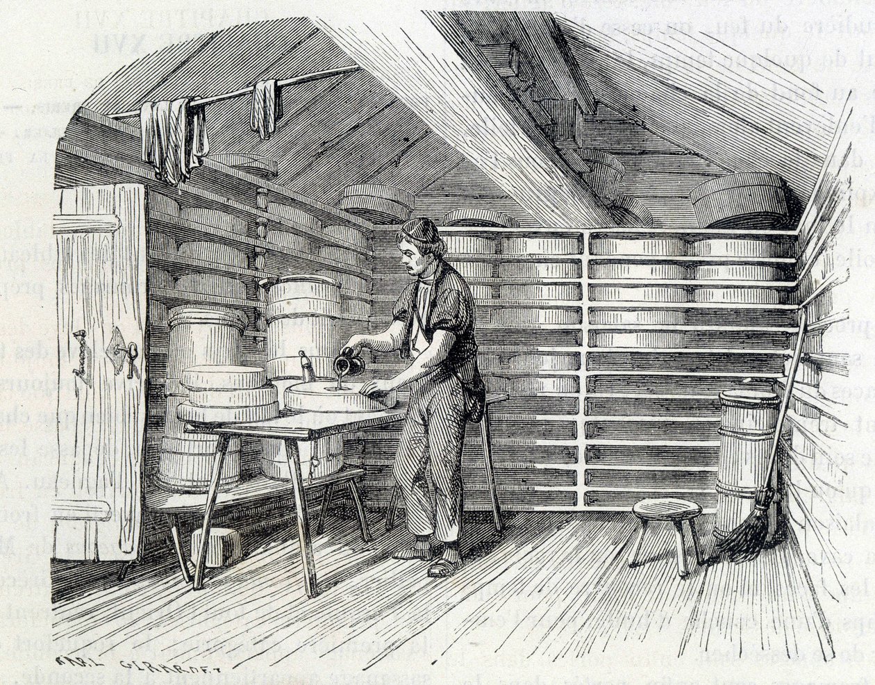 Gruyère ostebutikk i en sveitsisk hytte (vasker skorpen) - i "" The wonders of the industry"" av Louis Figuier av Unknown artist