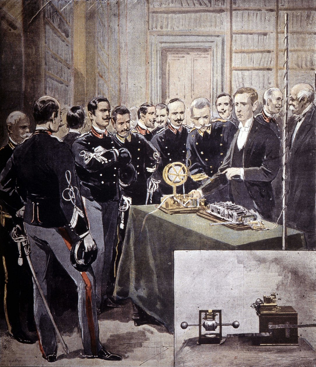 Guglielmo Marconi presenterte den trådløse telegrafen (TSF) på en konferanse ved Sjøforsvarsdepartementet i 1897. av Unknown artist