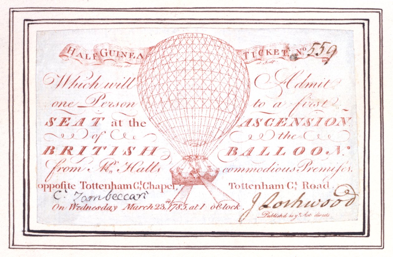 Halvguinea-billett for ballongoppstigning på Tottenham Court Road, London, 23. mars 1785 av Unknown artist