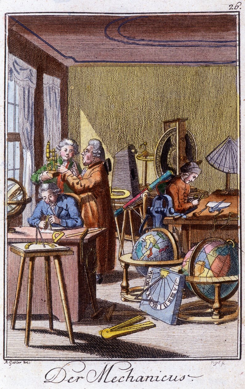 Håndlaget metier: mekanikeren med presisjonsinstrumenter i verkstedet sitt. I "" Omfattende beskrivelse av kunst og håndverk og verksteder for ungdom"" av Johan Peter Vue. Ed. Nürnberg, Weigel og Schneider av Unknown artist