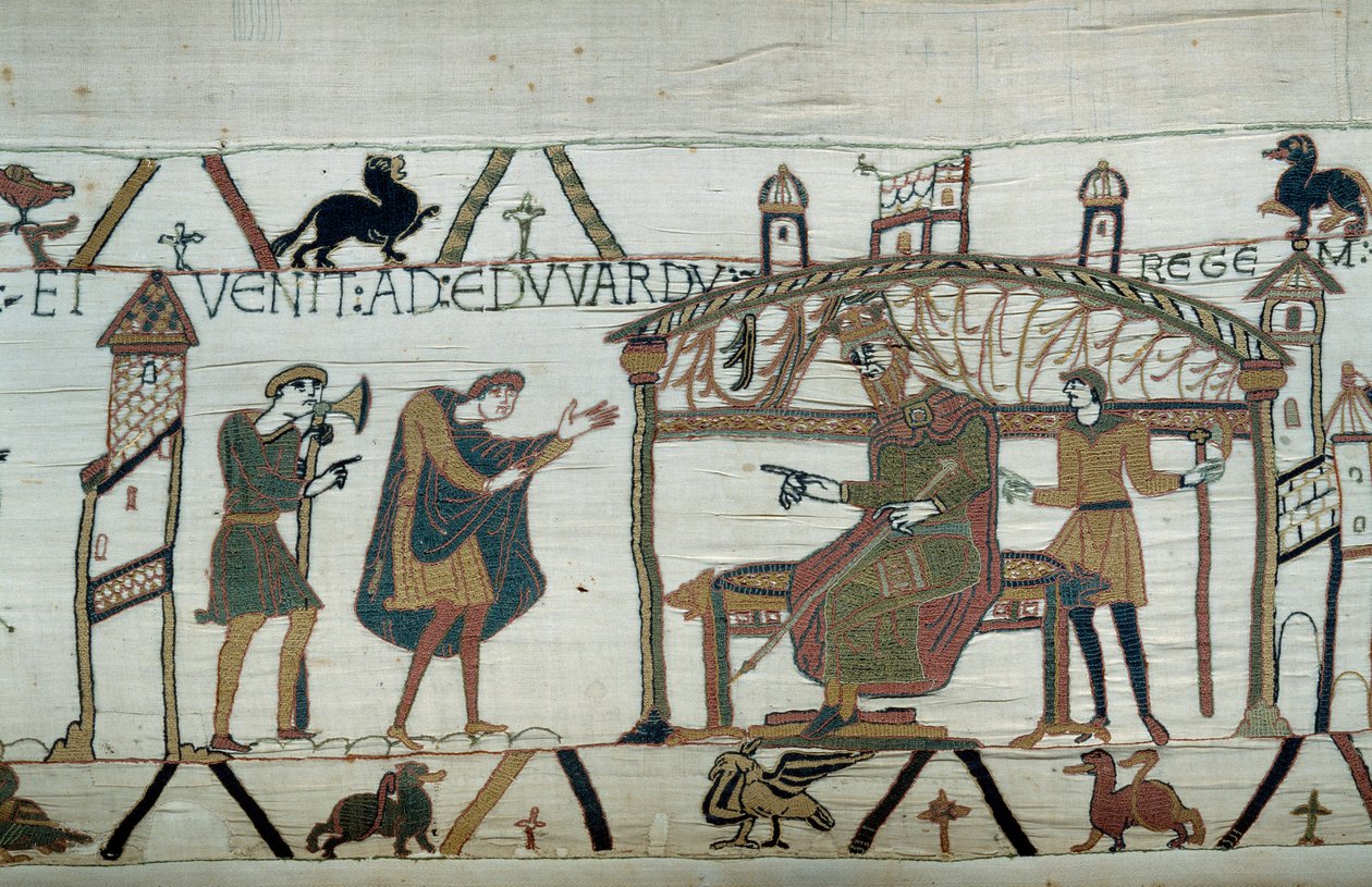 Harold, som vendte tilbake til England, etter hans ambassade hos hertugen Vilhelm Erobreren (1027-1087), resiterte sin reise til kong Edward Bekjenneren. av Unknown artist