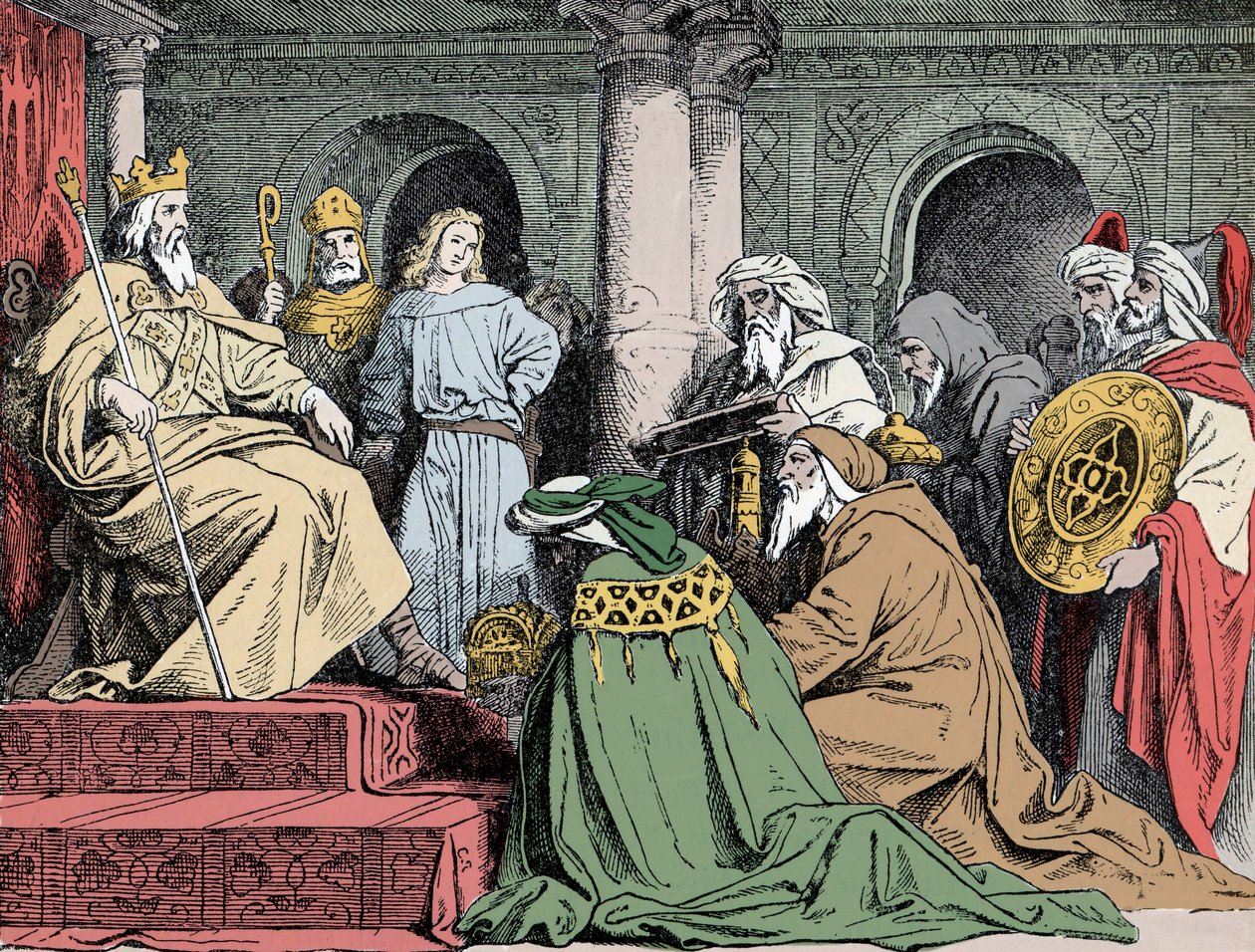 Harun al Rashids gaver - Ambassadører til abbasid-kalifen Haroun ar Rachid (763-809) tilbyr gavene sine til Charlemagne (742-814), rundt 802 av Unknown artist