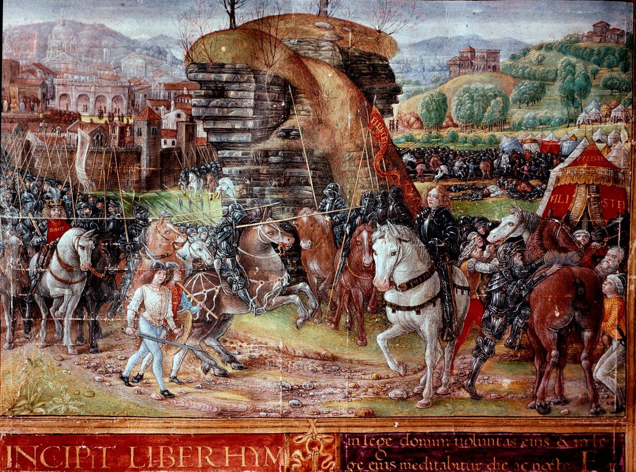 Hebraiske riddere ledet av David går på miniatyrfilisterne fra manuskriptet Ms. Plut. 17/15, f. 3 "" Incipit Liber Hymnorum"" Firenze fra 1400-tallet, Biblioteca Laurenziana, av Unknown artist
