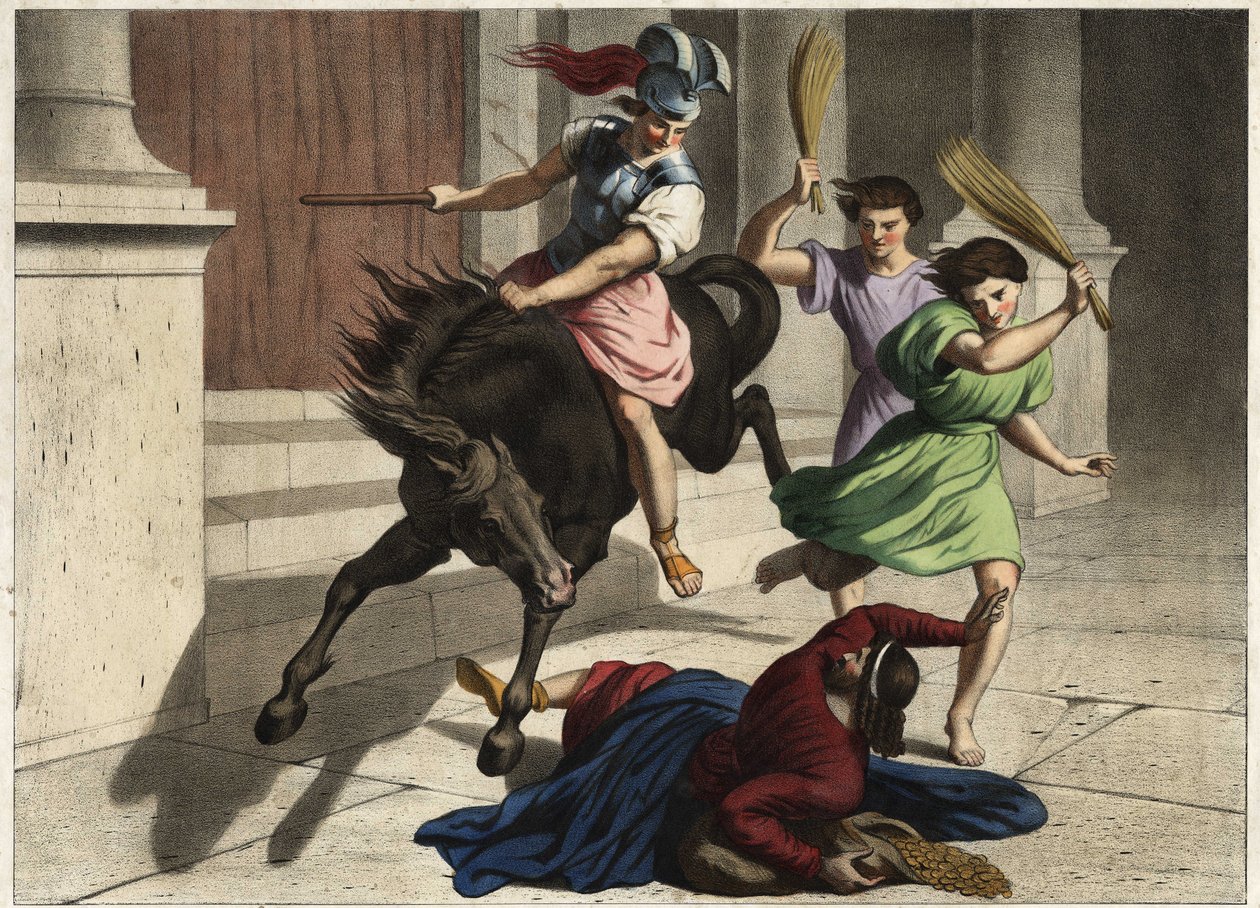 Heliodore (Heliodoros) was driven out of the temple: on the orders of his ruler, he tried unsuccessfully to seize the tresors of the temple of Jerusalem. Anonymous engraving from the middle of the 19th century. av Unknown artist