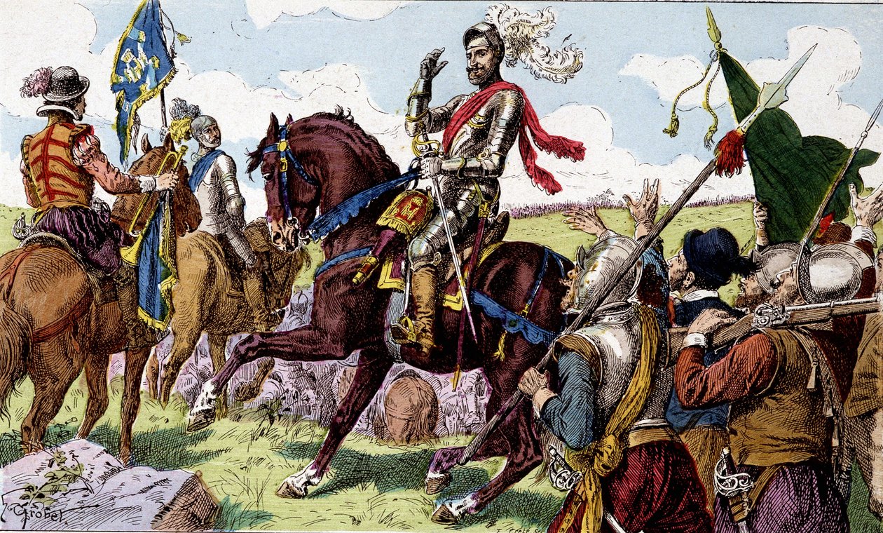 Henrik IV (1553 - 1610) i slaget ved Ivry (= Ivry slaget i Normandie) i 1590. Barnebilder fra 1800-tallet. av Unknown artist