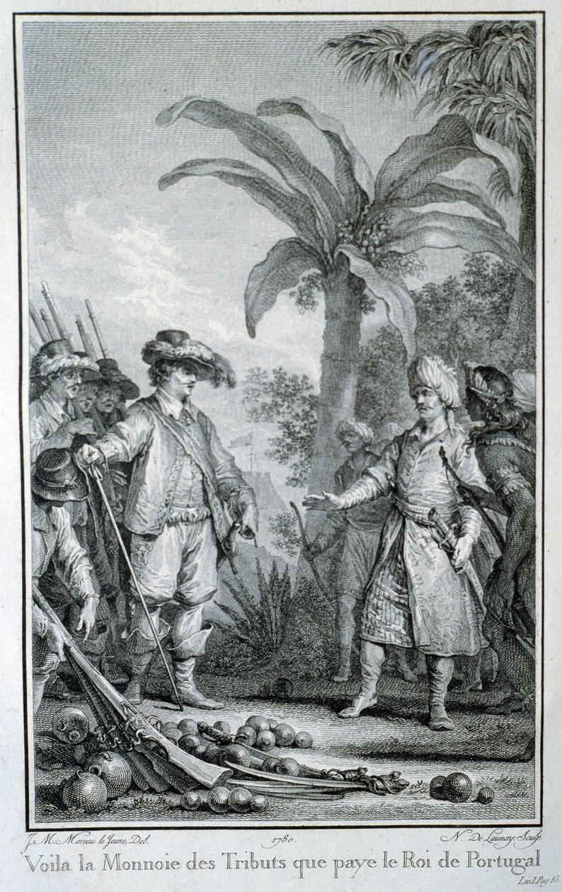 Her er hyllestvalutaen som kongen av Portugal betaler: portugisisk handel i koloniene - i "Filosofisk og politisk historie om europeiske etablissementer og handel i de to India", av Guillaume Thomas Raynal, red. Skuffe av Unknown artist