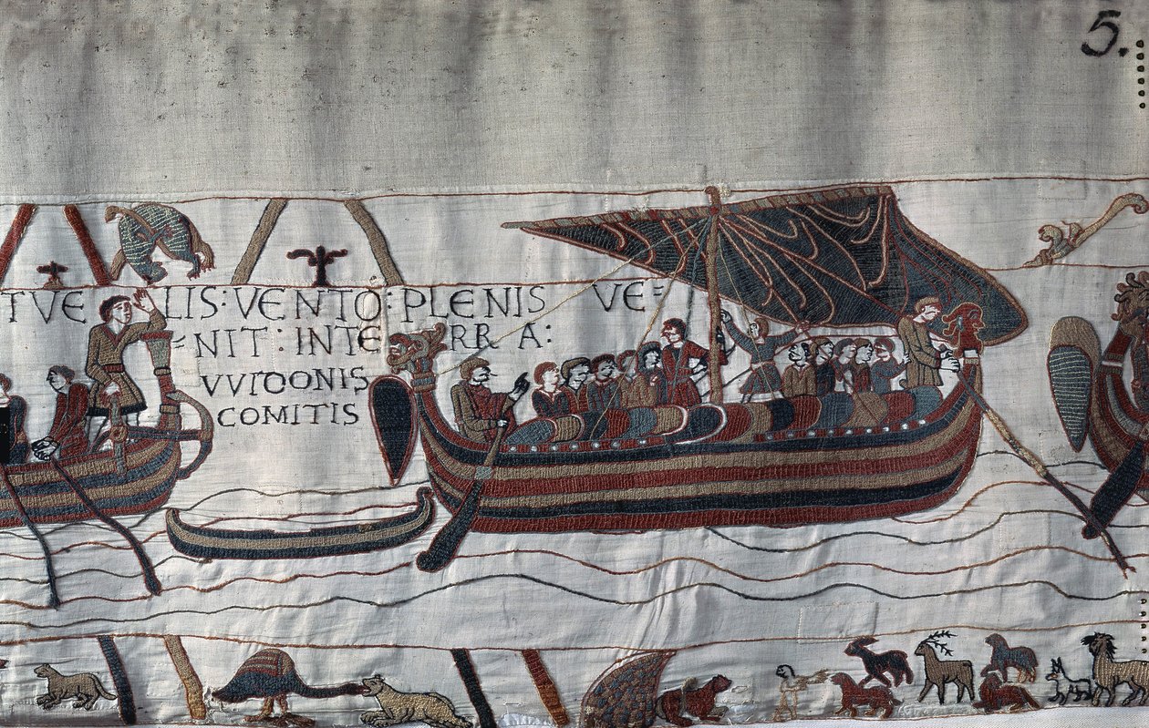 Kapret av stormen strandet skipet til Harold II (1022 - 1066) på kysten av Ponthieu - Bayeux-teppet, kjent som Embroidery of Queen Mathilde av Unknown artist