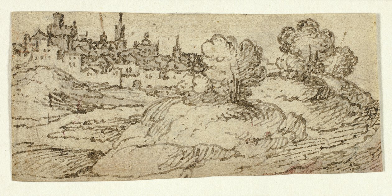 Hill Town med trær i forgrunnen av Unknown artist