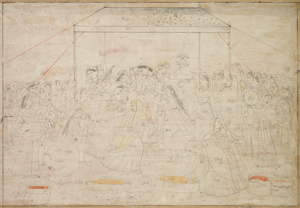 Hindu-guden Krishna blir kledd i kvinneklær til vårfestivalen Holi av Unknown artist