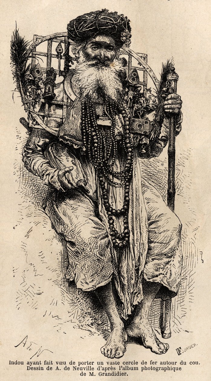 Hindu sverget å bære en stor sirkel av jern rundt halsen. Gravering for å illustrere reisen i meridionalprovinsene i India, av Alfred Grandidier, i 1862-1864, publisert i "" le tour du monde", under ledelse av D