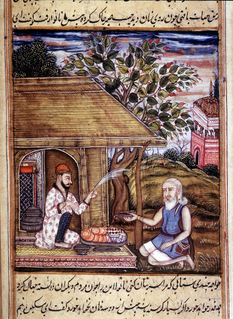 Hinduisme: representasjon av en santon som gir almisser. Miniatyr fra et manuskript fra 1400-tallet. av Unknown artist