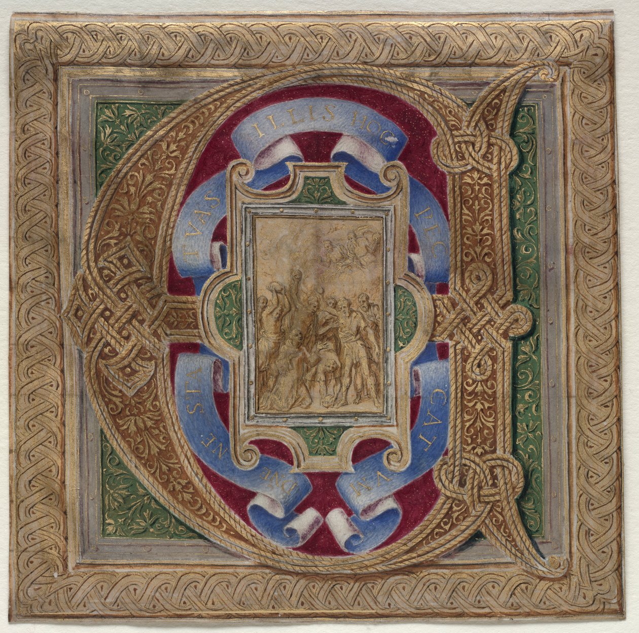 Historikert initial (E) Utskåret fra Colonna Missal: The Martyrdom of St. Stephen av Unknown artist