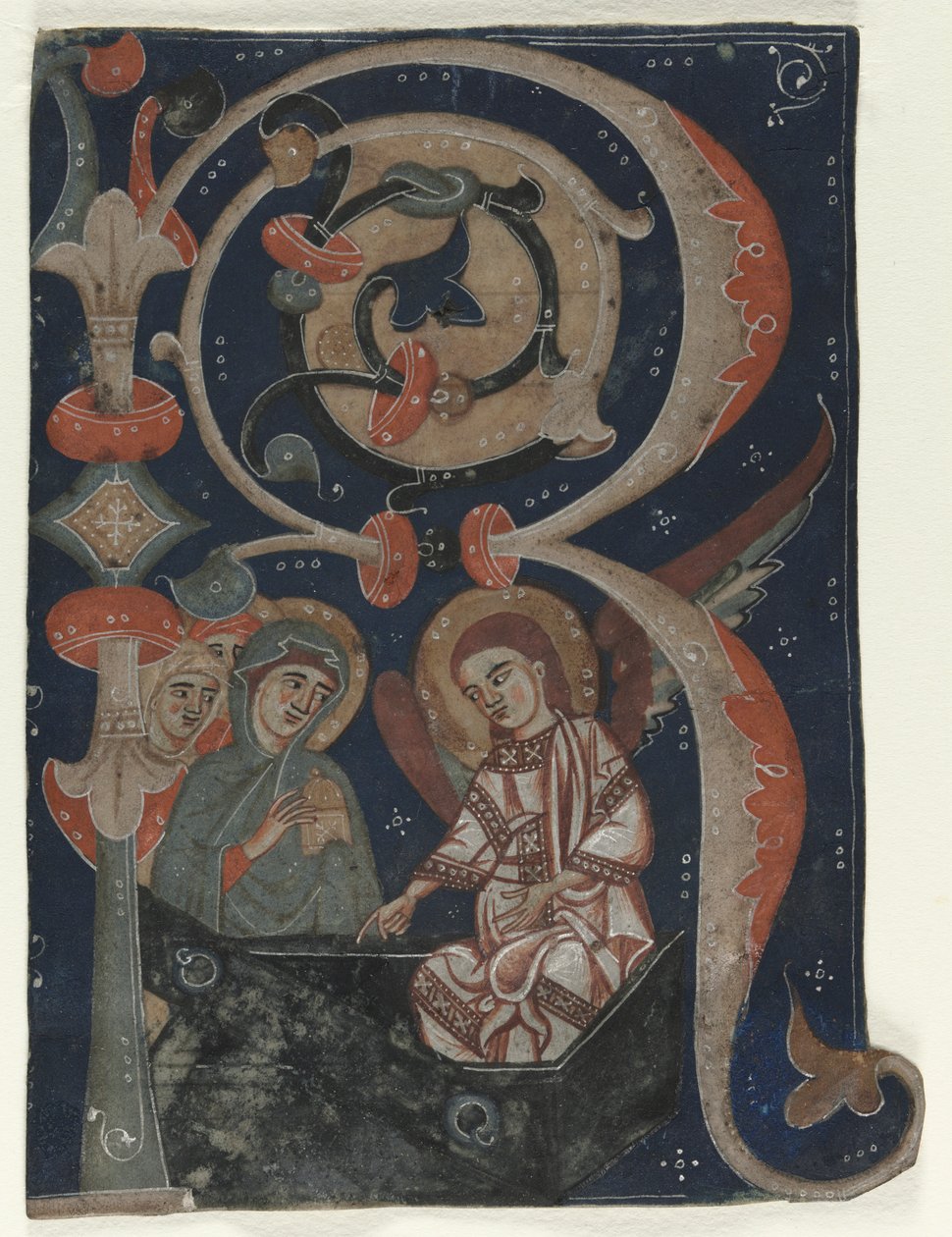 Historiert innledende (R) Utskåret fra en Gradual: The Three Marys at the Tomb av Unknown artist