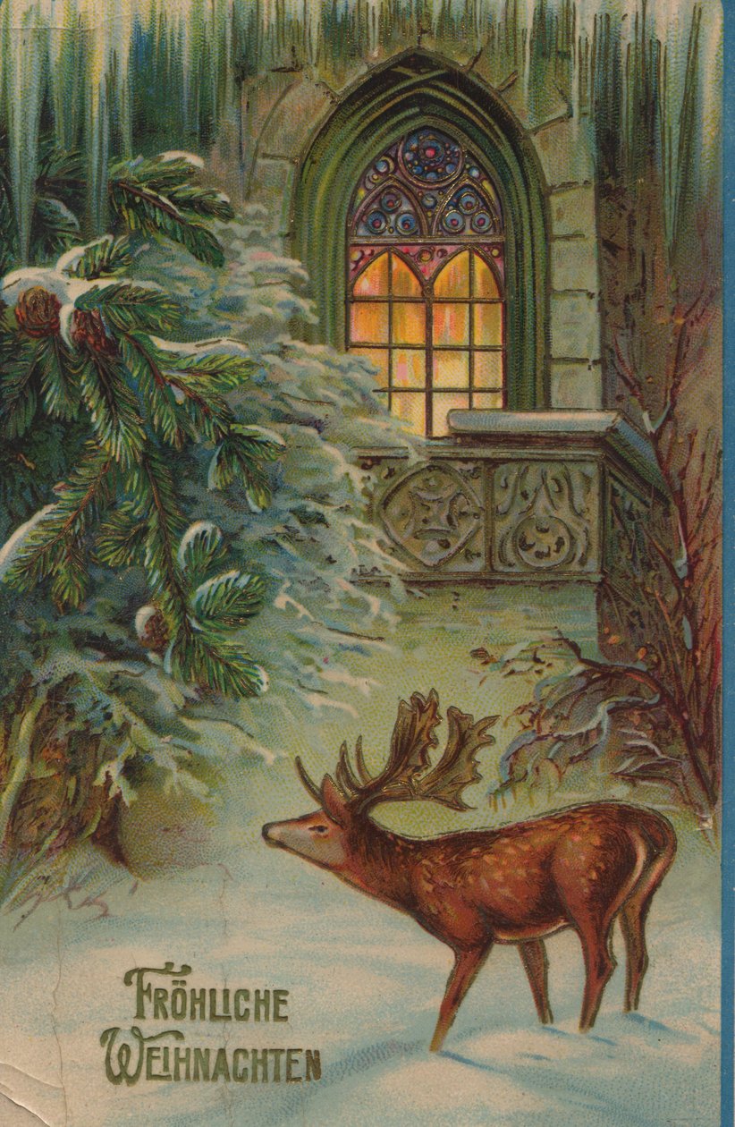 Historisk julekort med vintermotiv med hjort og kirke av Unknown artist