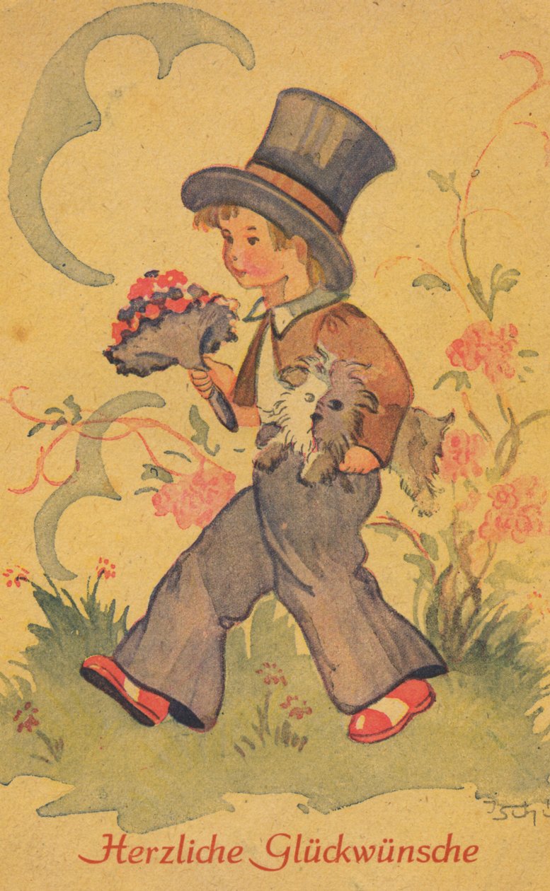 Historisk postkort med en gutt med en bukett blomster og en liten hund, gratulasjonskort av Unknown artist