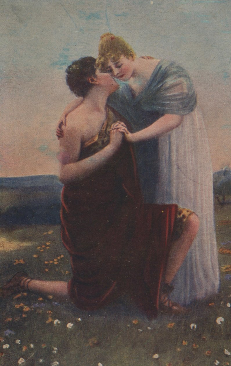 Historisk gratulasjonskort med historisk motiv, kvinne og kriger fra middelalderen av Unknown artist
