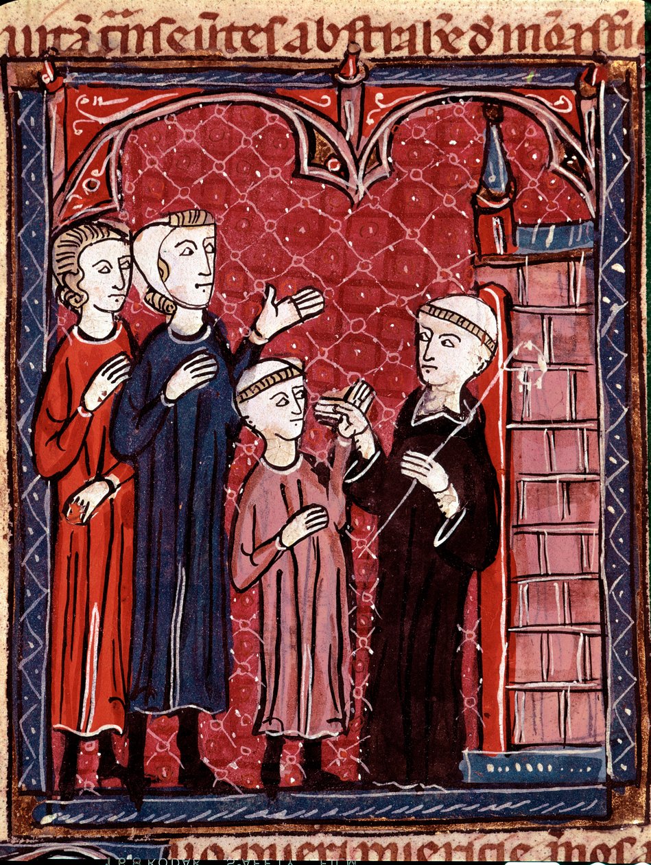 Historien om kanonisk lov: "" To foreldre som tar sønnen sin til et kloster""" Miniatyr hentet fra "Decret de Gratien"" ("Concordia discordantium canonum" eller "Decretum Gratiani") fra 1140 og re av Unknown artist