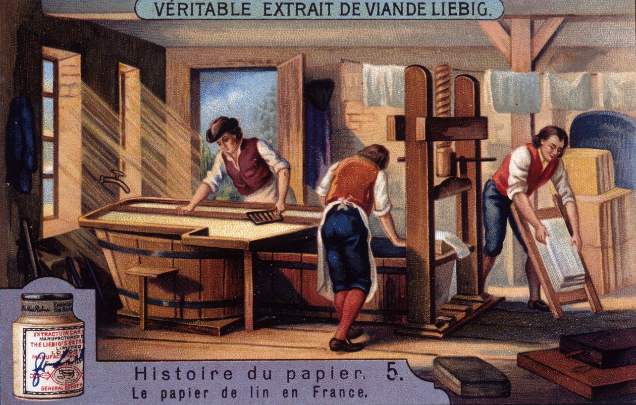 Papirets historie. 5. Linpapir i Frankrike. Liebig kromolitografi av Unknown artist