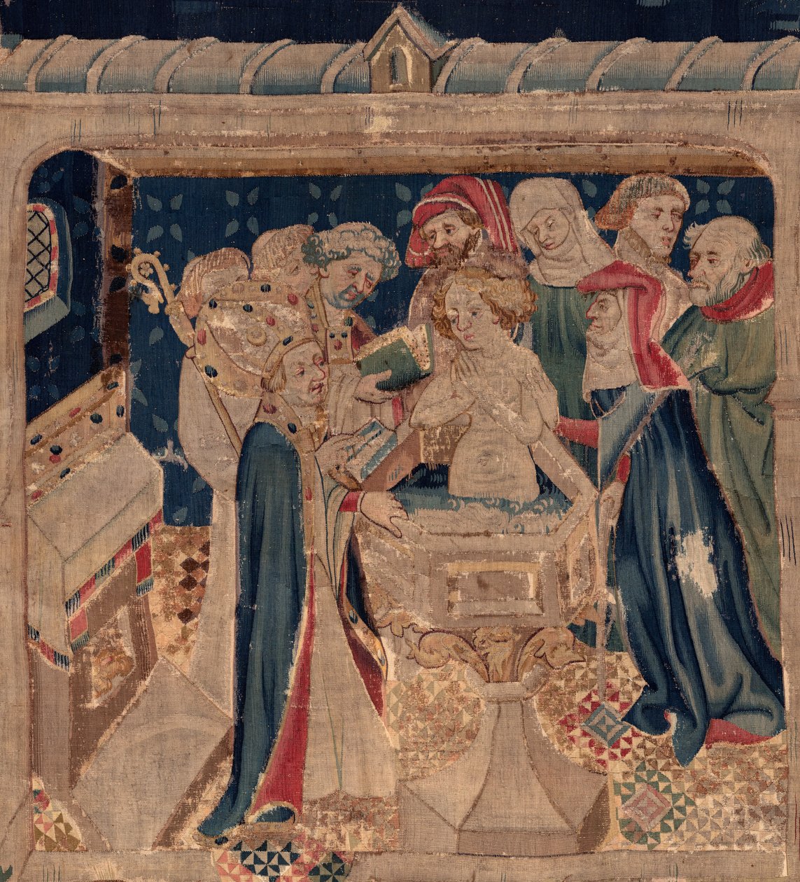 History of Saint Piat og Saint Eleuthère, Scene 13: dåp av Blanda (Hvordan de gode hellige døpte dattertribunen som samlet inn penger ved et veldig stort mysterium: Blande som var en mor til den gode helgen). Detalj. av Unknown artist