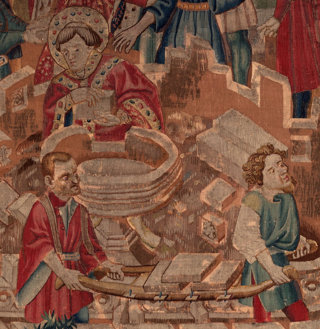 History of Saint Piat og Saint Eleuthère, Scene 5, Detail.Mid. Helgenen, murerne og døpefonten. av Unknown artist