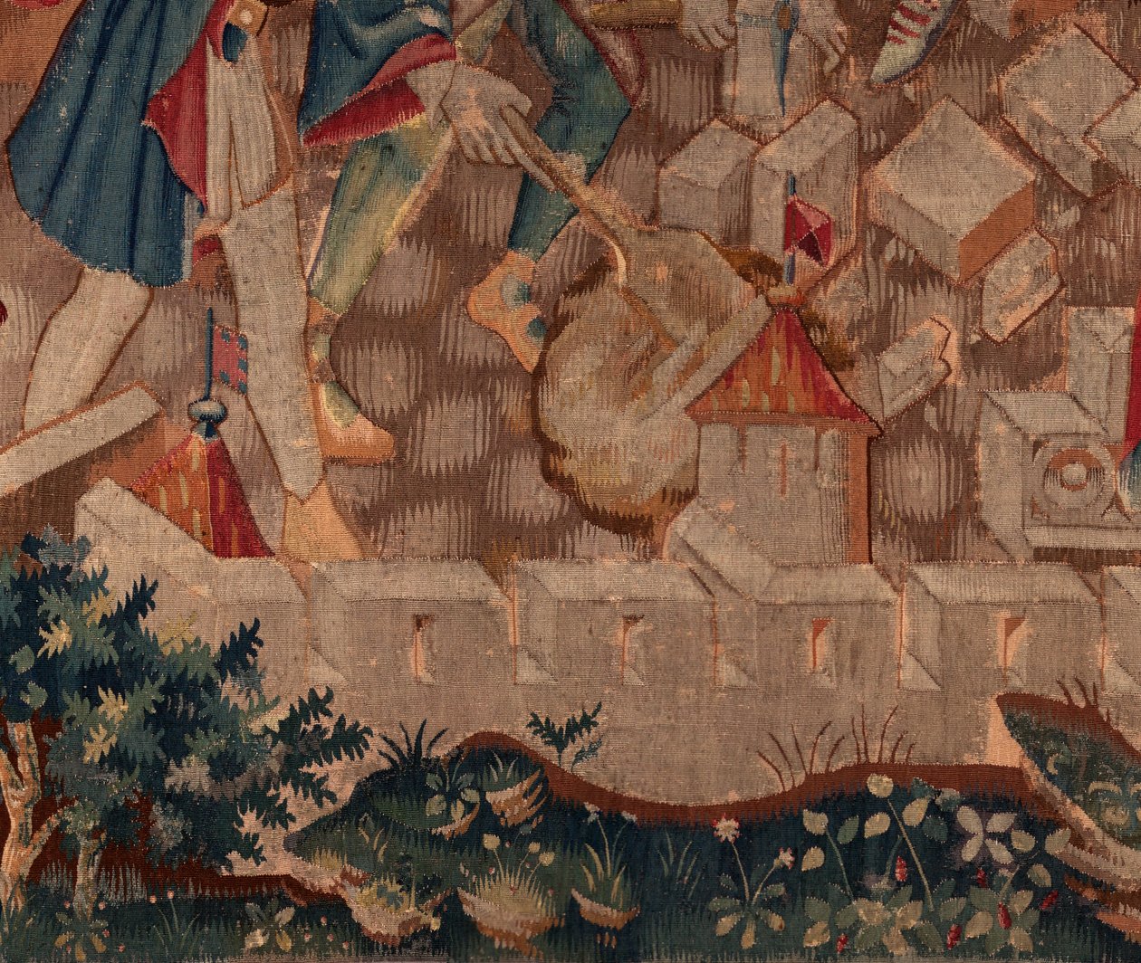 Historien om Saint Piat og Saint Eleuthère, Scene 5 Detalj til venstre nedenfor. Bymurer og busker. av Unknown artist