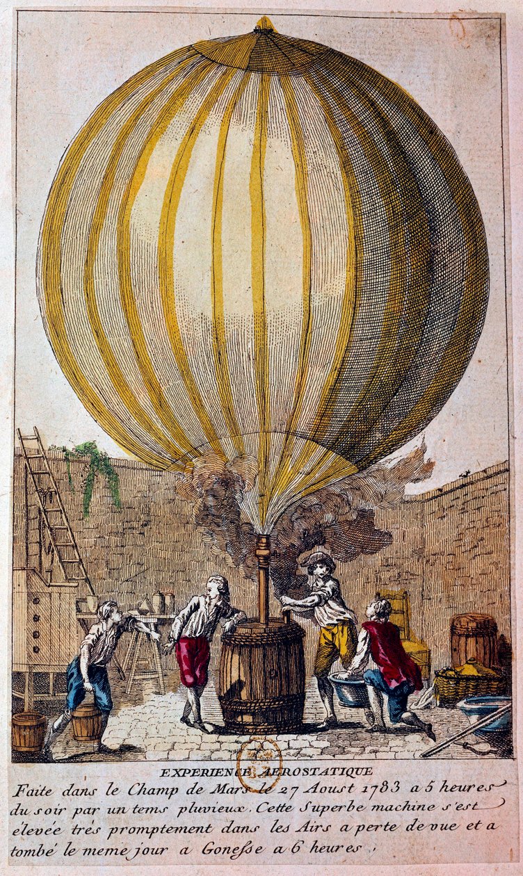 Ballongers historie: aerostatisk erfaring utført på Champ de Mars i Paris 27.08.1783: ballongen er fylt med hydrogengass av Jacques Charles (1746-1823). Gravering av Paris fra 1700-tallet, B.N. av Unknown artist