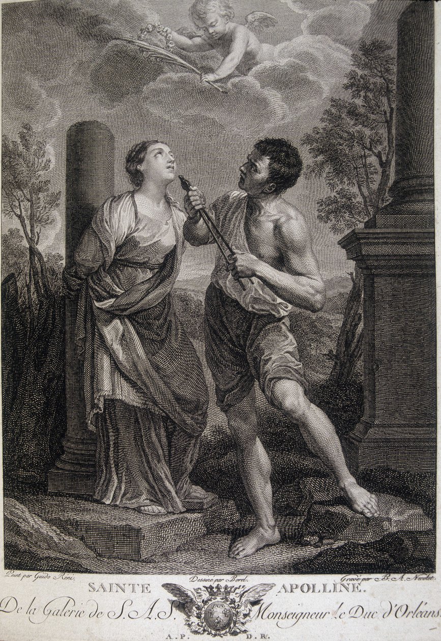 Holy Appoline under forfølgelsene får tennene hennes knekt fordi hun nektet å hylle de romerske gudene. Gravering fra 1600-tallet. av Unknown artist