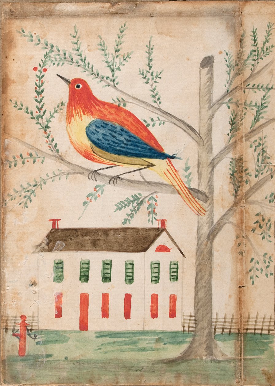 Hus og fugl på et tre av Unknown artist