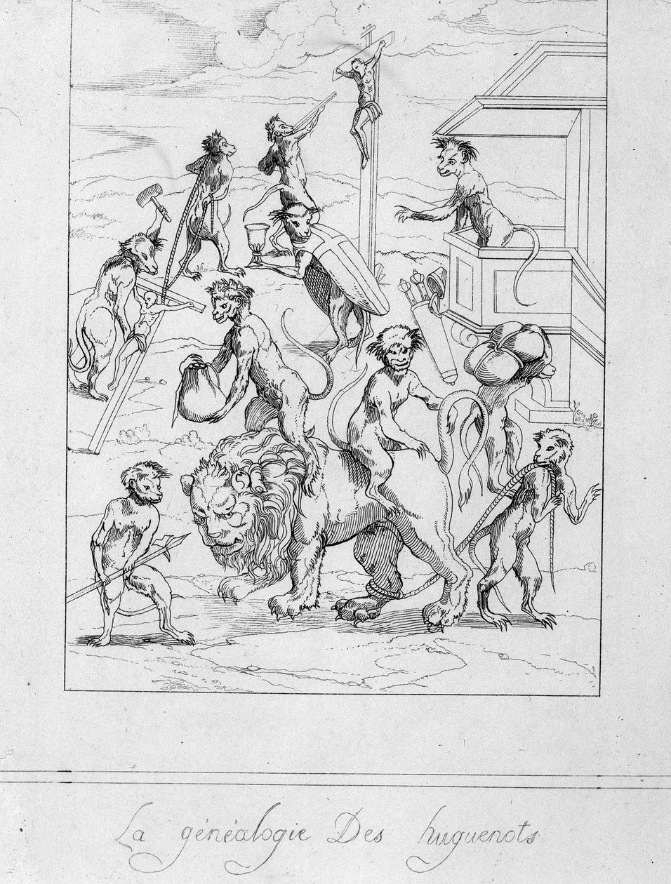 Huguenot-slektsforskning: karikatur av protestanter i aper - gravering av Unknown artist