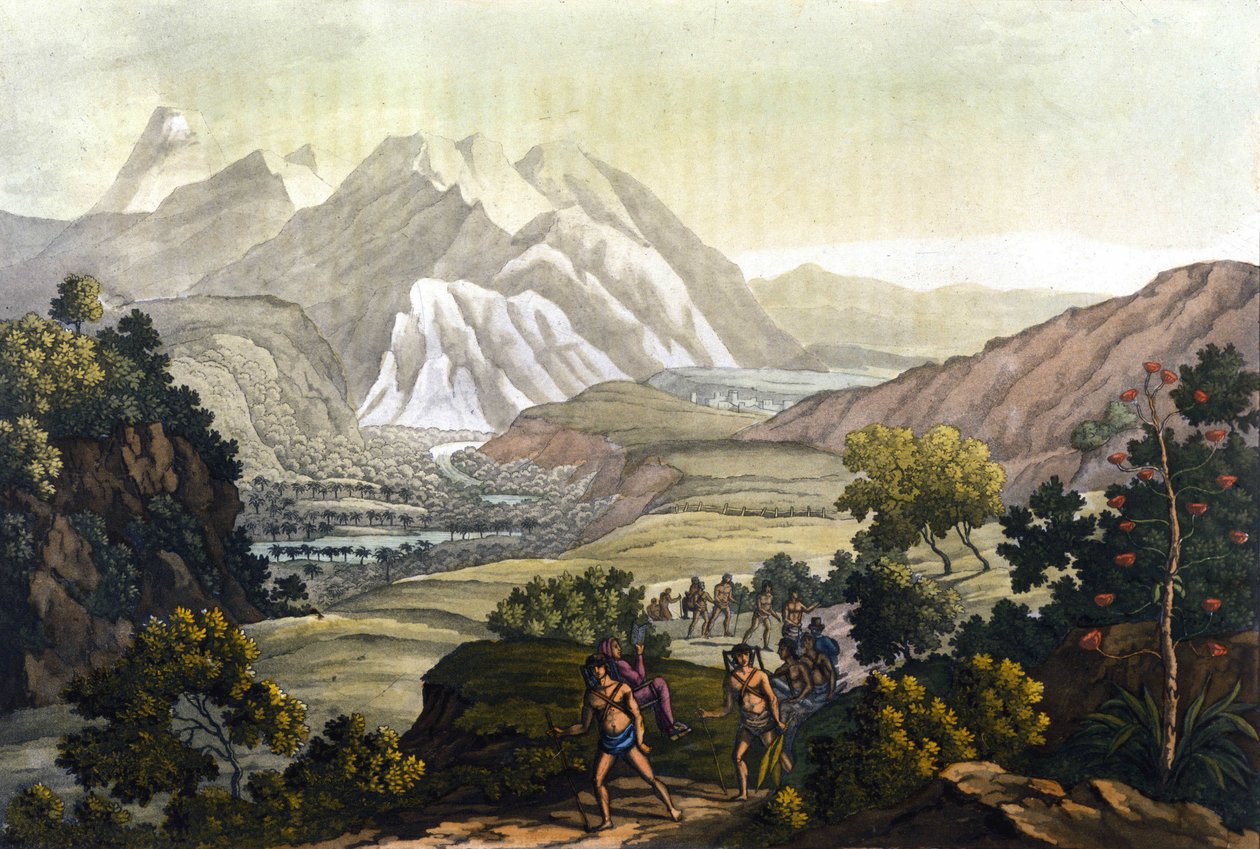 Humboldt og Bonpland krysser Quindiu-fjellet på bærestoler. Fra turen til Andesfjellene av Alexander Von Humboldt (Alexandre de Humboldt av Unknown artist